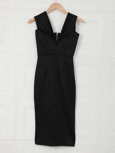 Black Off-Shoulder V-Neck Midi Dress with practical styling and dependable silhouette control.