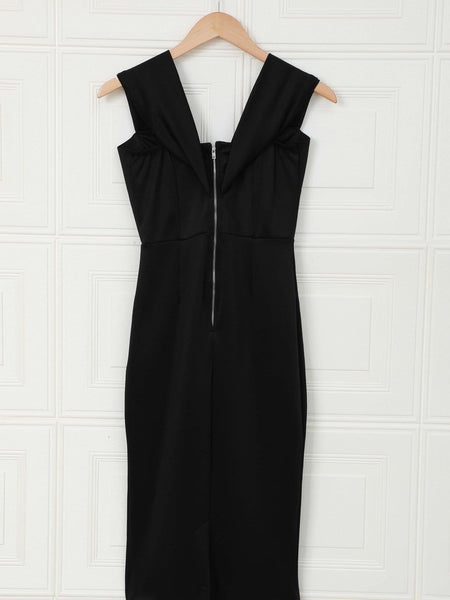 Black Off-Shoulder V-Neck Midi Dress with practical styling and dependable silhouette control.