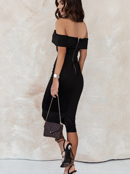 Black Off-Shoulder V-Neck Midi Dress with practical styling and dependable silhouette control.