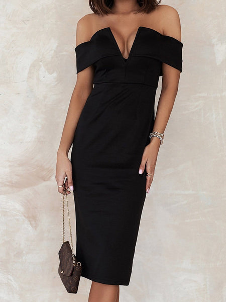 Black Off-Shoulder V-Neck Midi Dress with practical styling and dependable silhouette control.