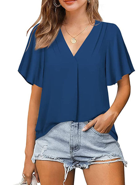 Women's Solid Color V-Neck Chiffon Loose Short Sleeve T-Shirt