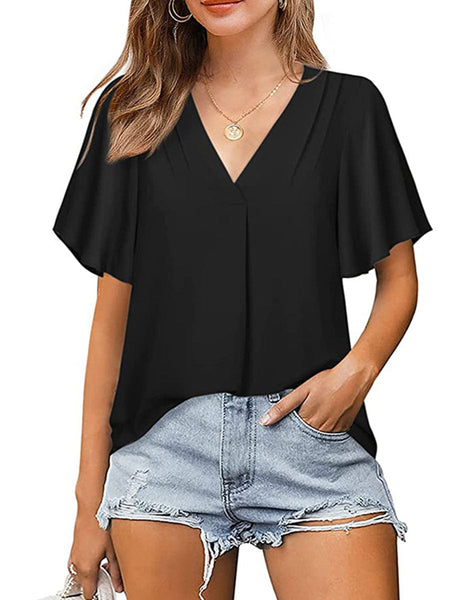 Women's Solid Color V-Neck Chiffon Loose Short Sleeve T-Shirt