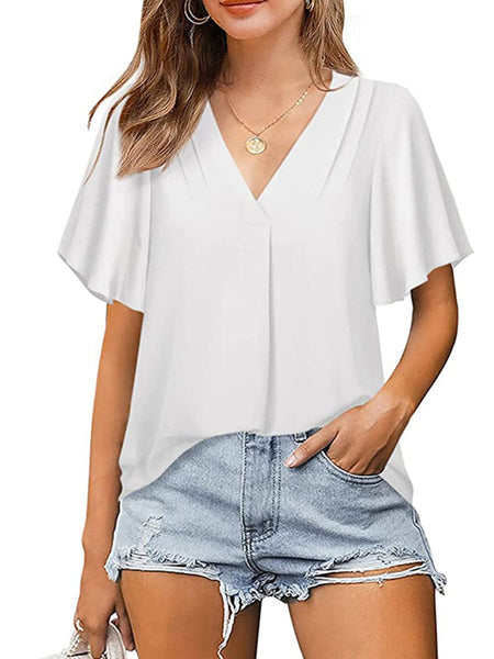 Women's Solid Color V-Neck Chiffon Loose Short Sleeve T-Shirt