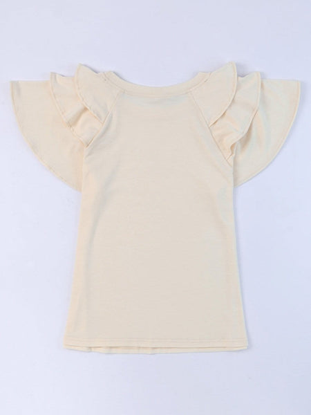 Solid Color V-Neck Ruffled Sleeves Loose T-Shirt