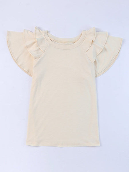 Solid Color V-Neck Ruffled Sleeves Loose T-Shirt