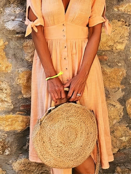 Women's V-Neck Ruffle Sleeve Swiss Dot Midi Dress