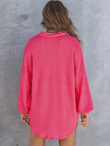 Solid Color Women'S Waffle Blouse With Stand Collar And Pocket