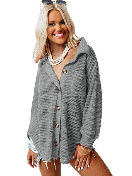 Solid Color Women'S Waffle Blouse With Stand Collar And Pocket