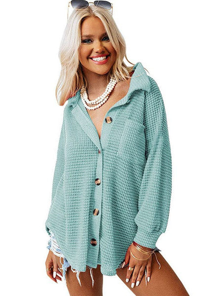 Solid Color Women'S Waffle Blouse With Stand Collar And Pocket