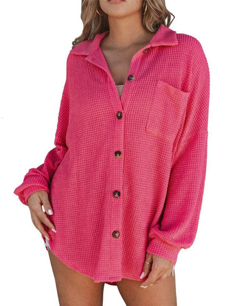 Solid Color Women'S Waffle Blouse With Stand Collar And Pocket