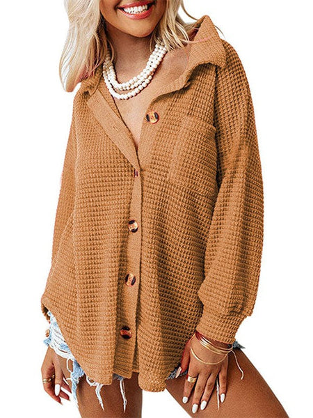 Solid Color Women'S Waffle Blouse With Stand Collar And Pocket