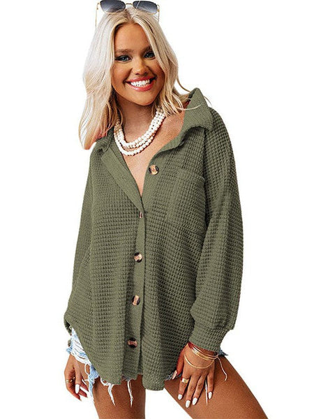 Solid Color Women'S Waffle Blouse With Stand Collar And Pocket