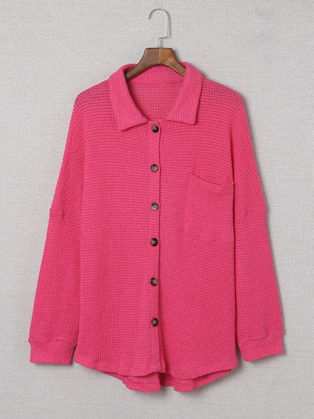Solid Color Women'S Waffle Blouse With Stand Collar And Pocket