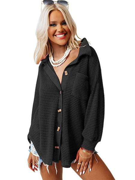 Solid Color Women'S Waffle Blouse With Stand Collar And Pocket