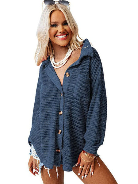 Solid Color Women'S Waffle Blouse With Stand Collar And Pocket