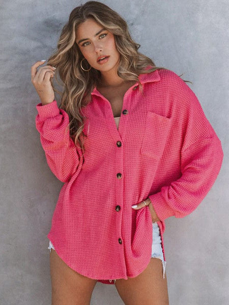 Solid Color Women'S Waffle Blouse With Stand Collar And Pocket