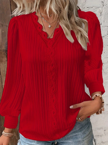 Women's Lace-Panel Button-Front Long Sleeve Knit Blouse