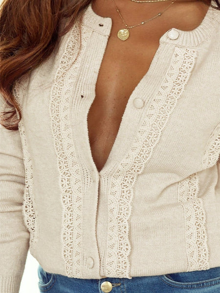 Off-White Lace-Trimmed Knit Cardigan with Gold-Tone Accents with practical styling and dependable silhouette control.