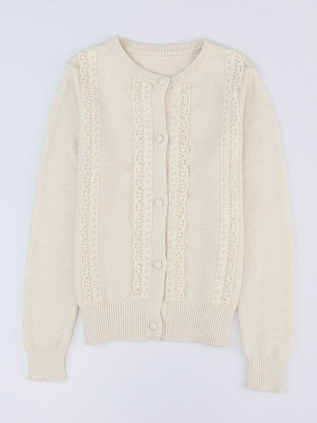 Women's Lace-Panel Button-Front Long Sleeve Knit Blouse
