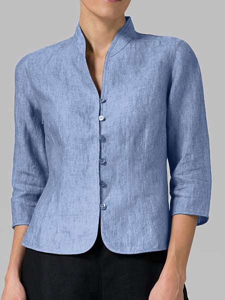 Solid Cotton And Linen Button Three-quarter Sleeves Coat featuring coats styling with practical layering, balanced movement, and everyday versatility.
