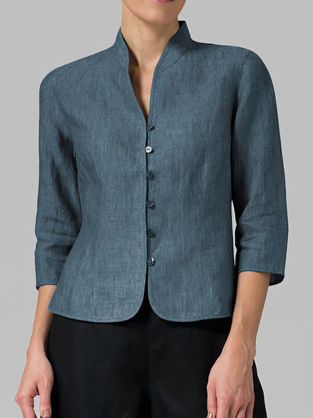 Solid Cotton And Linen Button Three-quarter Sleeves Coat featuring coats styling with practical layering, balanced movement, and everyday versatility.
