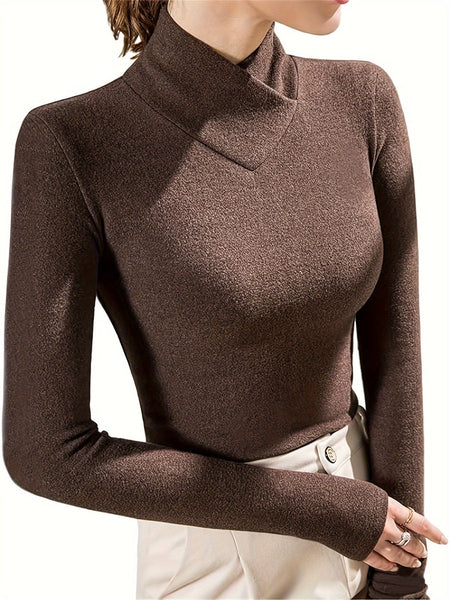 Women's Sophisticated Chocolate Mock Neck Knit Top with Wrap Collar