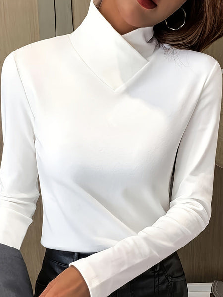Women's Sophisticated Chocolate Mock Neck Knit Top with Wrap Collar