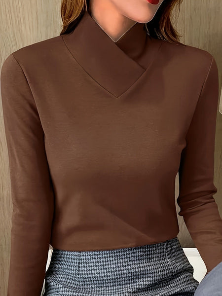 Women's Sophisticated Chocolate Mock Neck Knit Top with Wrap Collar