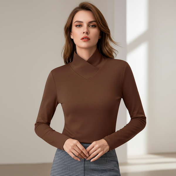 Women's Sophisticated Chocolate Mock Neck Knit Top with Wrap Collar