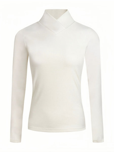 Women's Sophisticated Chocolate Mock Neck Knit Top with Wrap Collar