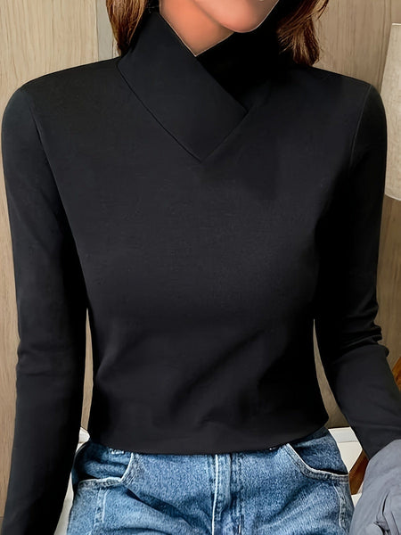 Women's Sophisticated Chocolate Mock Neck Knit Top with Wrap Collar