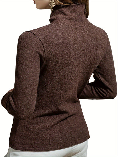 Women's Sophisticated Chocolate Mock Neck Knit Top with Wrap Collar