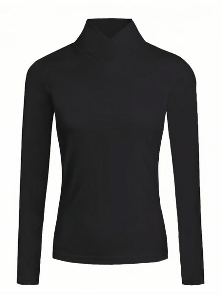 Women's Sophisticated Chocolate Mock Neck Knit Top with Wrap Collar