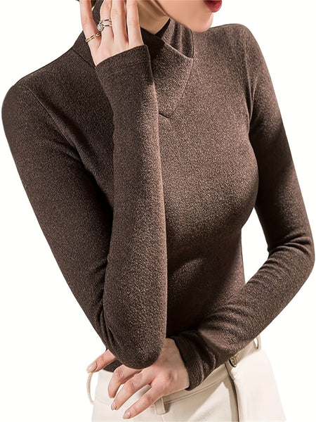 Women's Sophisticated Chocolate Mock Neck Knit Top with Wrap Collar
