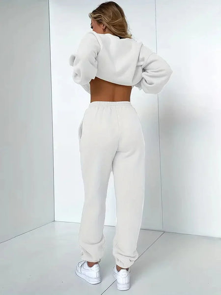 Solid Crew Neck Sweatshirt & Drawstring Jogger Pants Two-Piece Set