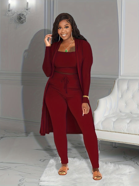 Solid Crop Tank & High Waist Drawstring Pants & Longline Cardigan Three-Piece Set