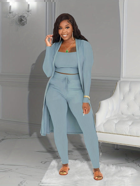 Solid Crop Tank & High Waist Drawstring Pants & Longline Cardigan Three-Piece Set