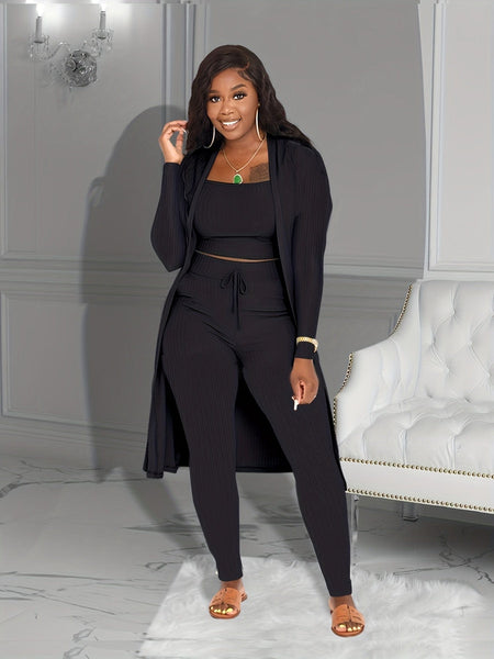 Solid Crop Tank & High Waist Drawstring Pants & Longline Cardigan Three-Piece Set