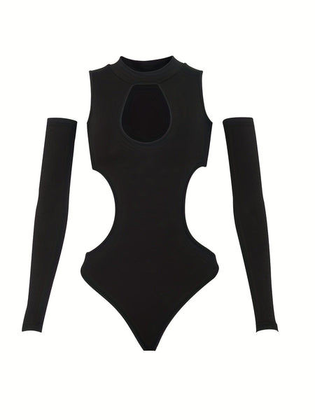 Solid Cut-Out Mock Neck Long Sleeve One-Piece Jumpsuit