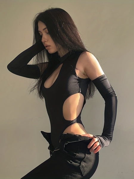 Solid Cut-Out Mock Neck Long Sleeve One-Piece Jumpsuit