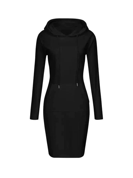 Solid Drawstring Long Sleeve Pocket Hooded Active Sports Mini Dress