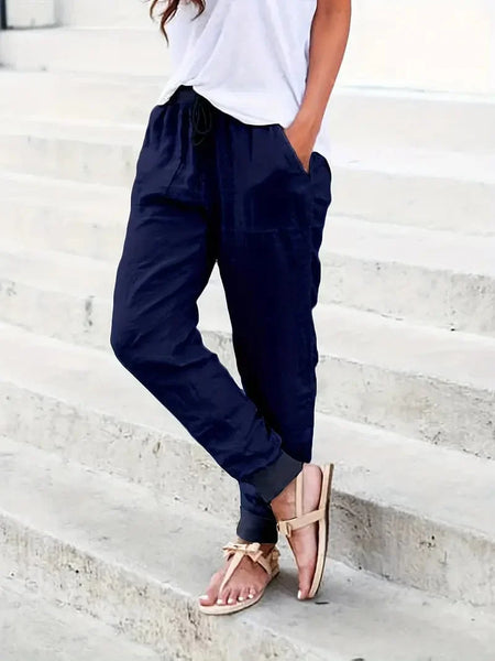 Solid Drawstring Pants, Women's Casual Long Length Trousers With Pockets