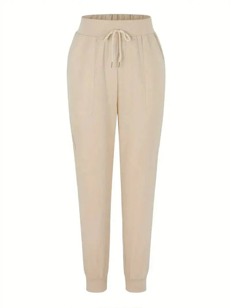 Solid Drawstring Pants, Women's Casual Long Length Trousers With Pockets