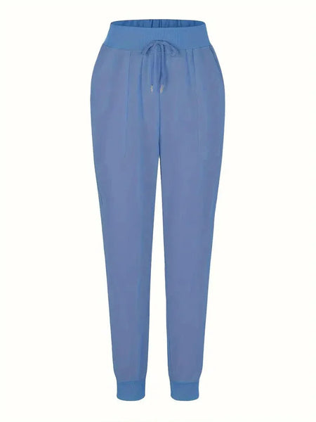 Solid Drawstring Pants, Women's Casual Long Length Trousers With Pockets