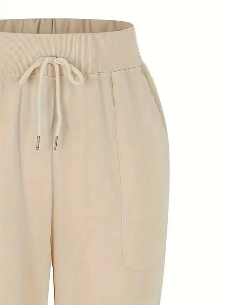 Solid Drawstring Pants, Women's Casual Long Length Trousers With Pockets