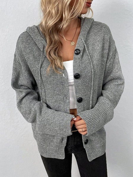 Solid Drawstring Single Breasted Knitted Hoodie