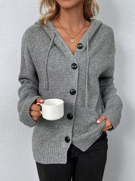 Solid Drawstring Single Breasted Knitted Hoodie