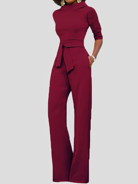 Women's Five-Point Sleeve Belted Wide-Leg Crepe Jumpsuit