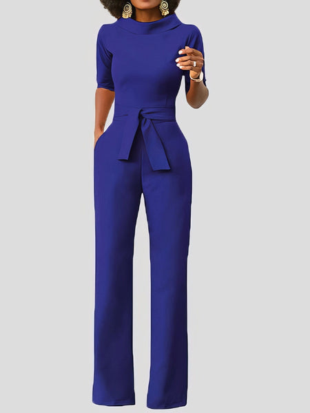 Women's Five-Point Sleeve Belted Wide-Leg Crepe Jumpsuit