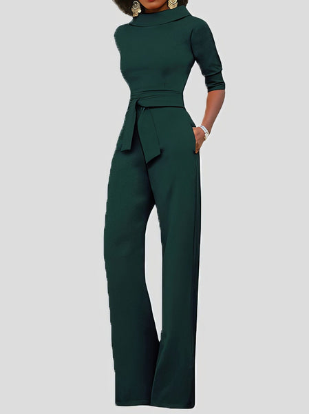 Women's Five-Point Sleeve Belted Wide-Leg Crepe Jumpsuit